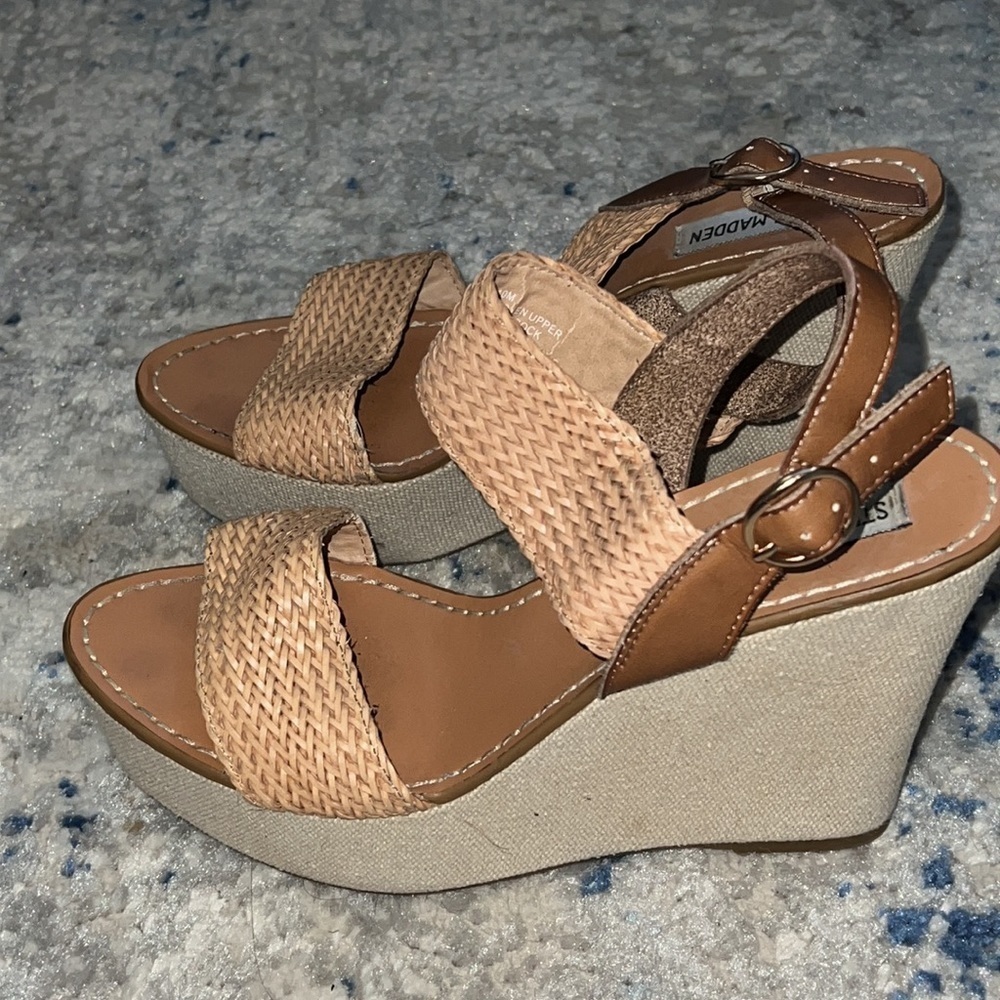 Steve Madden Engel platform heels sling back straps natural fabric wedges‎ Sz 10